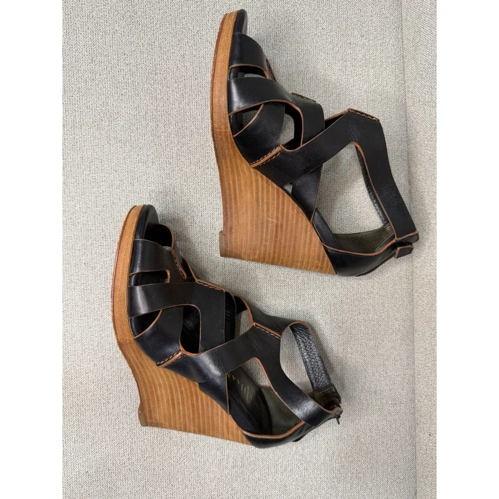 Cole Haan Black Leather‎ Caged Wedge Sandals Womens 7B Heel Zip D37884